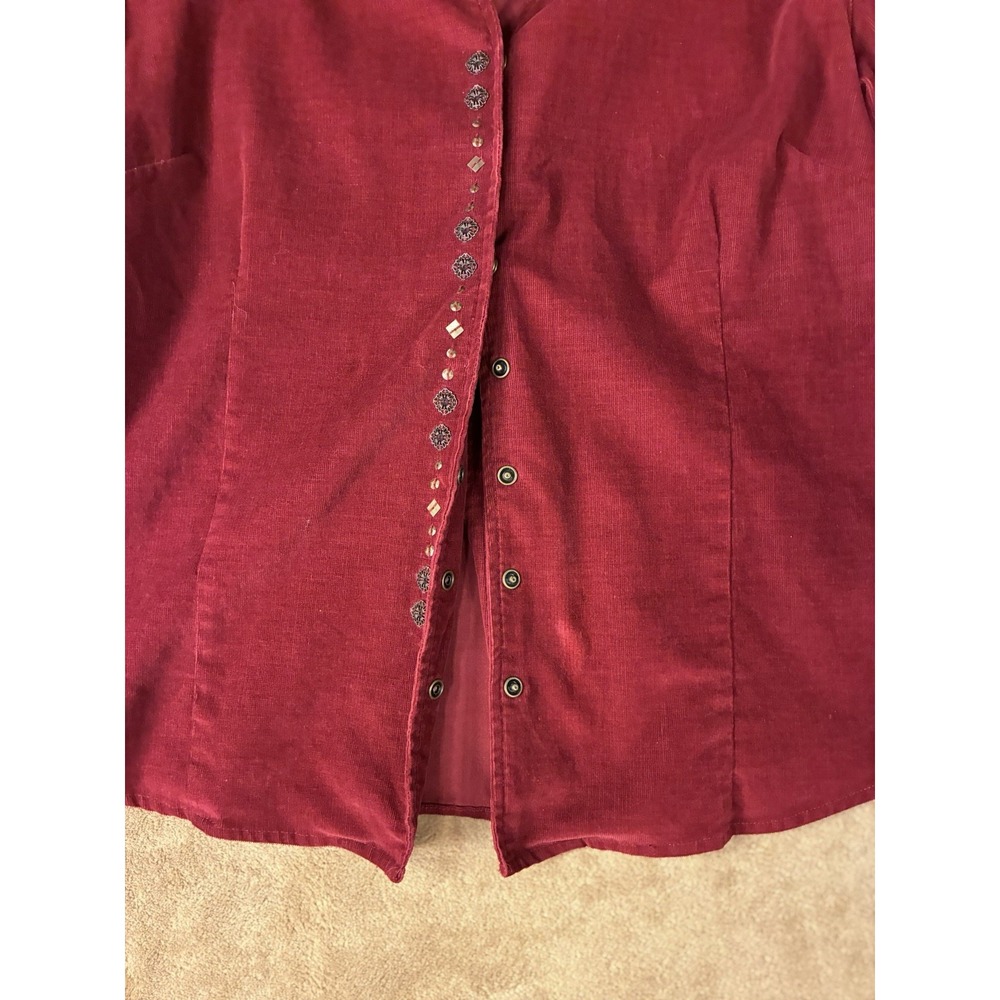 VTG Y2K Womens Burgundy Corduroy Shacket Snap Closure Top Cranberry Red Medium - Picture 9 of 13